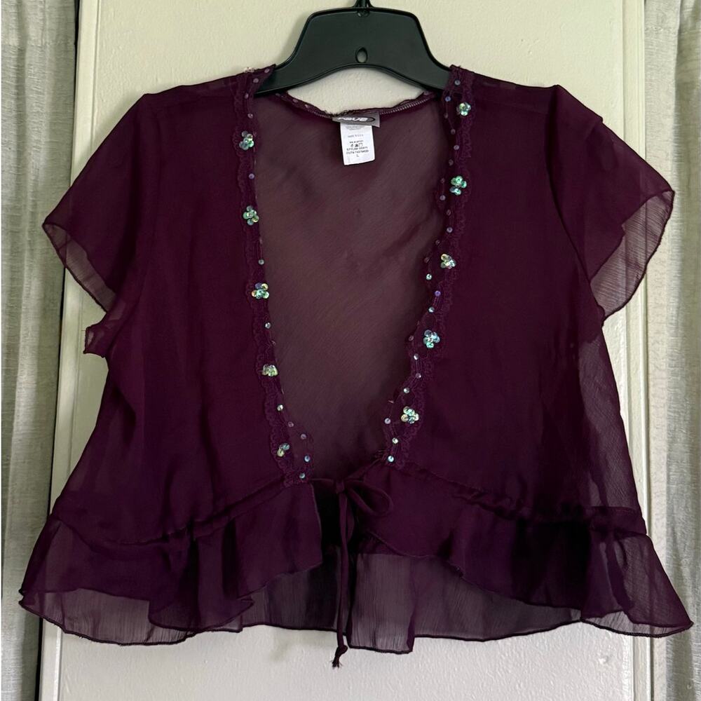 Y2K Rave Vintage Purple Beaded Trim Shear Tie-Front Cap Sleeve Top